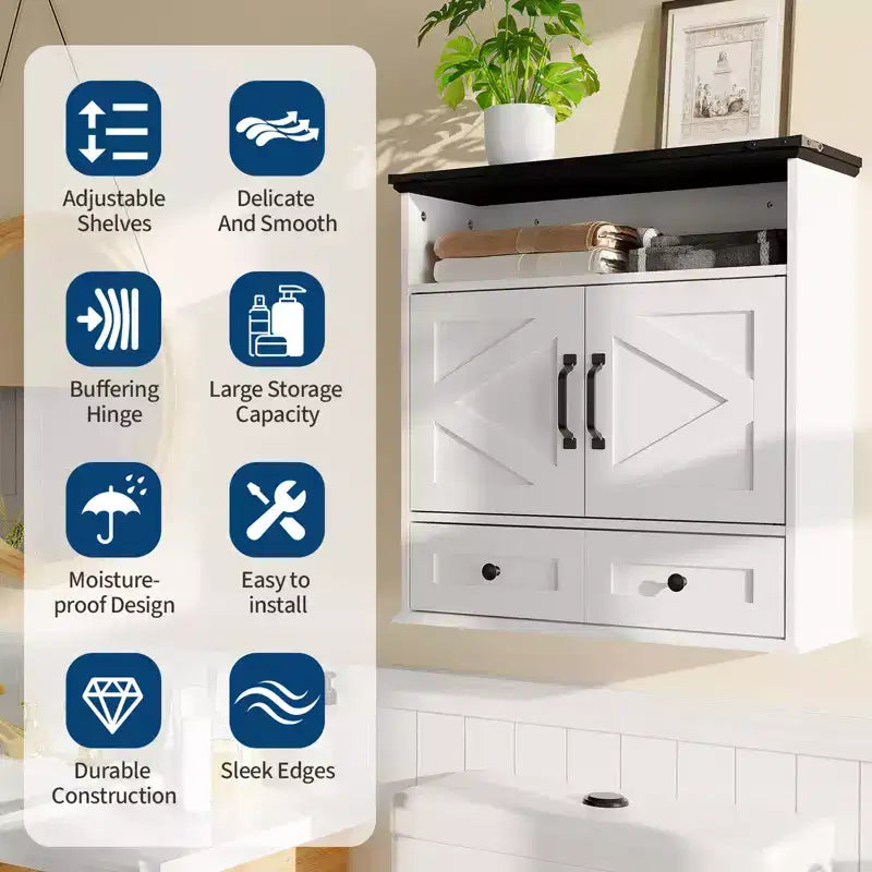 Mobiletto con ante scorrevoli a parete Bianco / Marrone / Grigio – Mobiletto da bagno sopra il WC con ripiano regolabile e cassetto, 1-2 persone