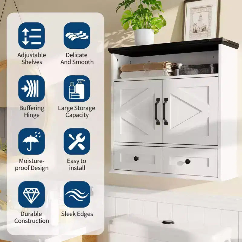 Mobiletto con ante scorrevoli a parete Bianco / Marrone / Grigio – Mobiletto da bagno sopra il WC con ripiano regolabile e cassetto, 1-2 persone