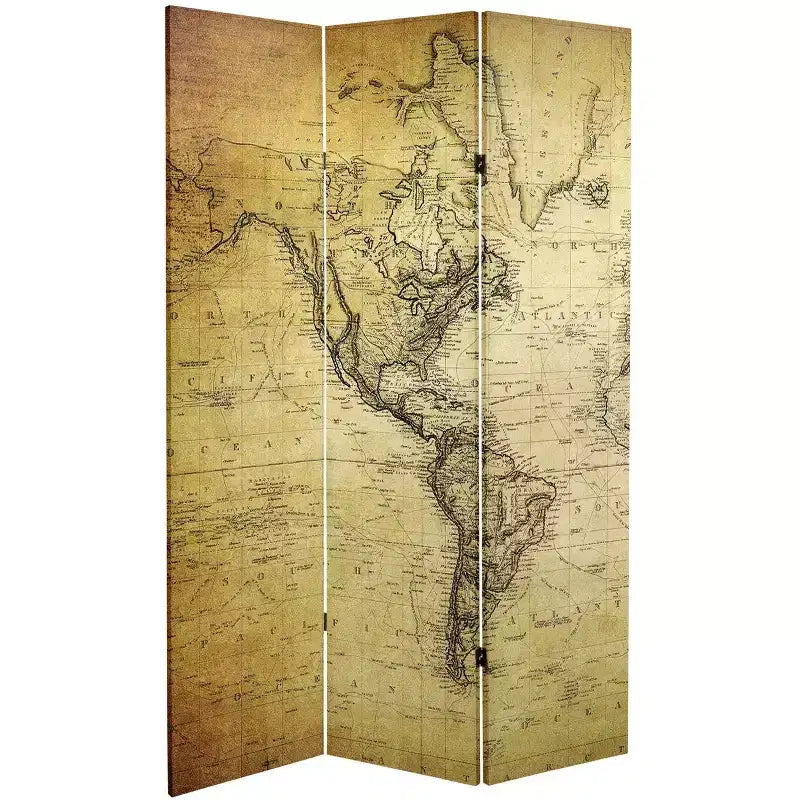 Divisorio beige vintage con mappa del mondo a 3 pannelli, bifacciale, in tela, per 1 persona