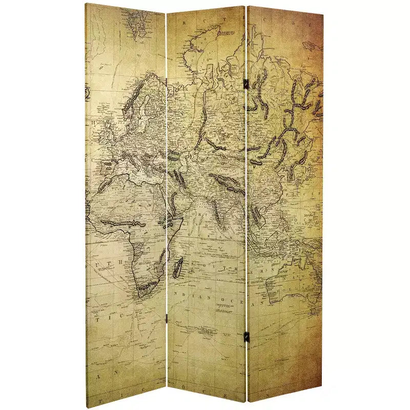 Divisorio beige vintage con mappa del mondo a 3 pannelli, bifacciale, in tela, per 1 persona