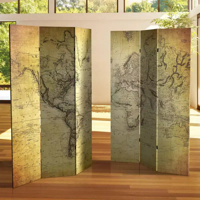 Divisorio beige vintage con mappa del mondo a 3 pannelli, bifacciale, in tela, per 1 persona