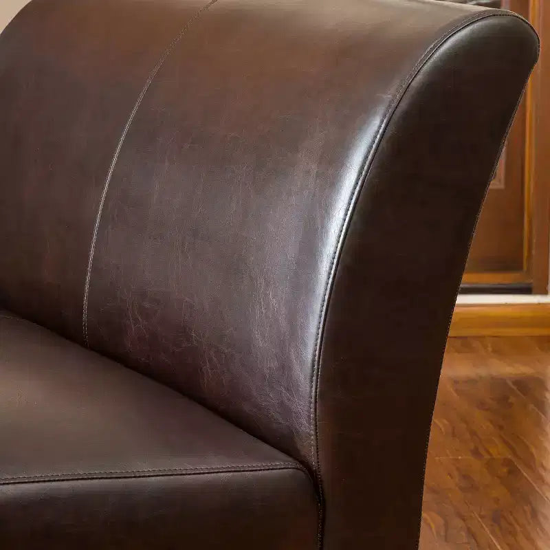 Divanetto due posti in similpelle marrone, gambe color espresso