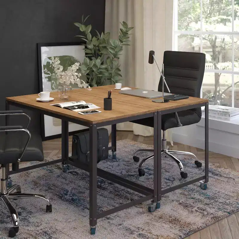 Scrivania per computer industriale in rovere marrone e grigio scuro con ruote bloccabili, singola